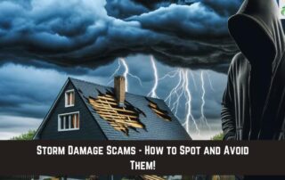 Roofer inspecting storm damage during lightning storm with dark clouds.