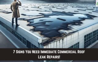 Roof leak damage on commercial building roof with water pooling and stains.