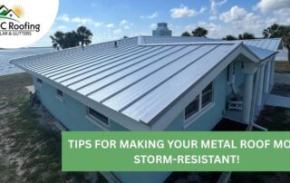 Metal roof with storm-resistant features on a residential home near water.