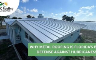Metal roof installed on a house near water, showcasing durability and storm resistance.