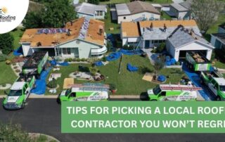 Aerial view of roofing crews installing new roofs on multiple homes in a neighborhood.