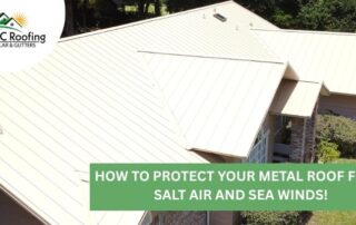 Metal roof with storm damage and repair work by APC Roofing.