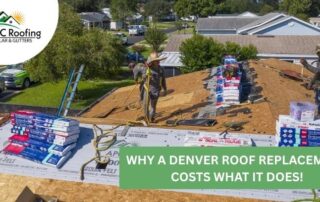 Roofers working on a residential roof replacement with new shingles and storm damage repair.