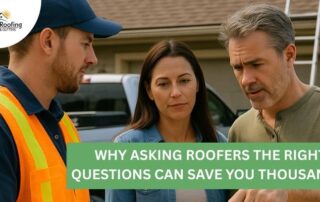 Roofers inspecting storm damage on residential roof.