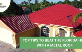 Aerial view of a house with a red metal roof, showcasing roofing installation and storm damage repai.