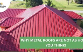 Metal roof installation on residential property with red panels.