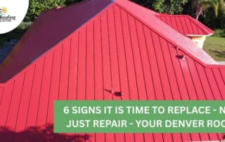 Storm-damaged red metal roof on residential home in Denver, requiring full replacement.