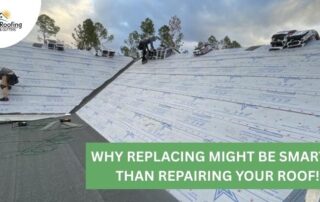 Roofers installing new roofing under storm damage conditions for residential property.