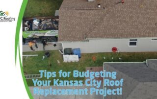 Aerial view of a Kansas City roof replacement project with roofing technicians working on the pitch.