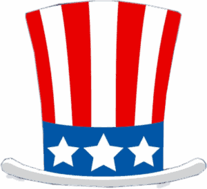 Patriotic Uncle Sam hat with red and white stripes and blue band with white stars.