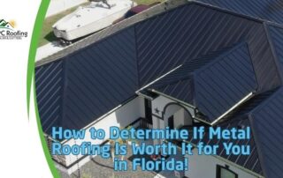 Aerial view of a metal roof with multiple pitches and valleys on a residential property.