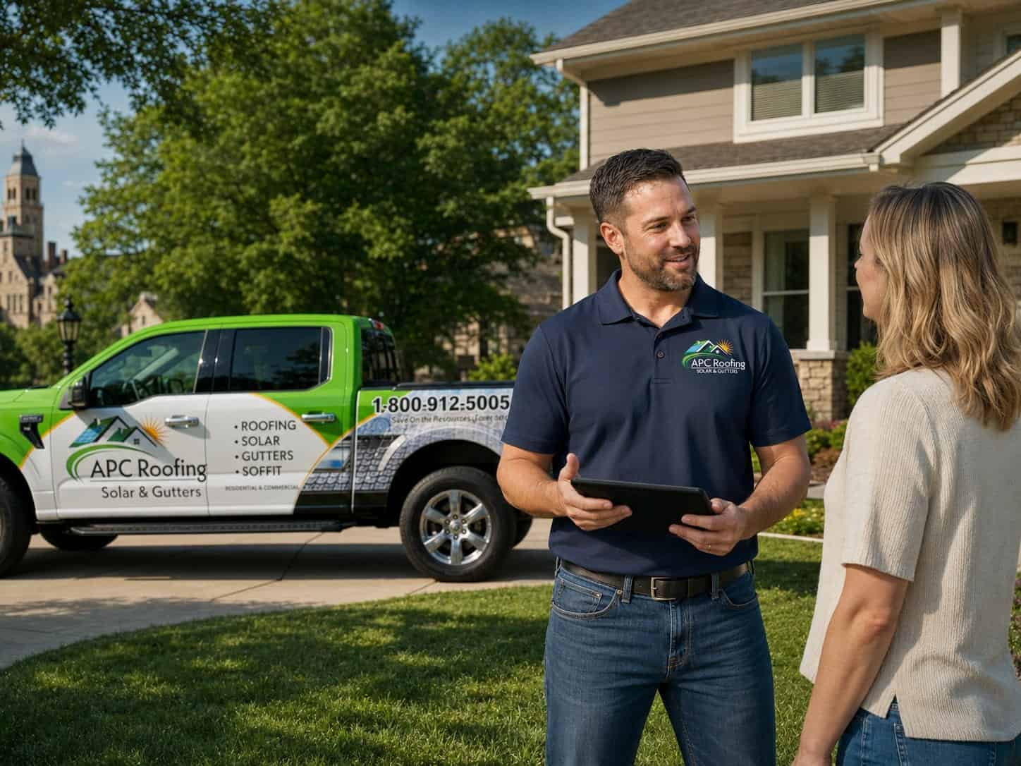 Roofing technician discussing roof inspection with homeowner outside house.